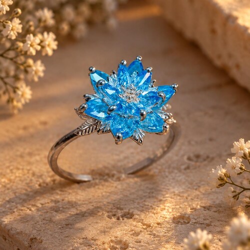 Blue Aquamarine Lotus Ring:  March Birthstone Ring, Aquamarine Flower Ring, Aquamarine Engagement Ring