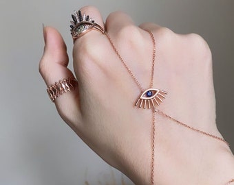 Evil Eye Hand Chain Bracelet, Dainty Silver Adjustable Thin Chain, Bride Gift, Eye Slave Chain, Elegant Women Jewelry, Birthday Gift for mom