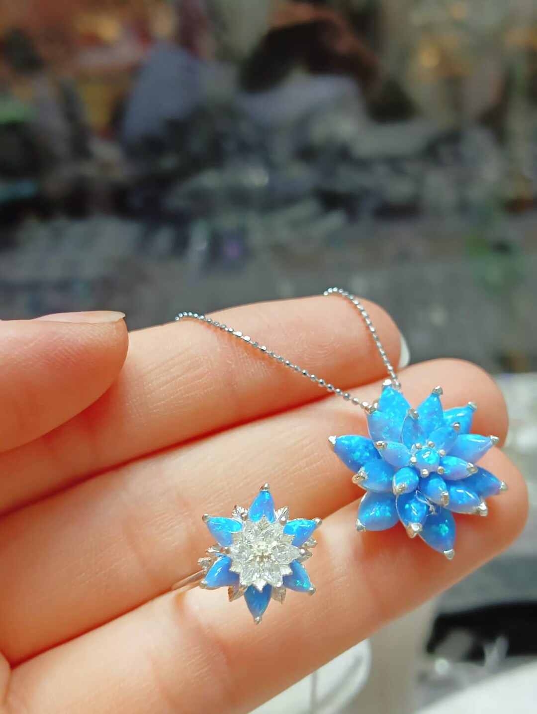 Australian Opal Necklace and Ring Set: Minimalist Lotus Flower