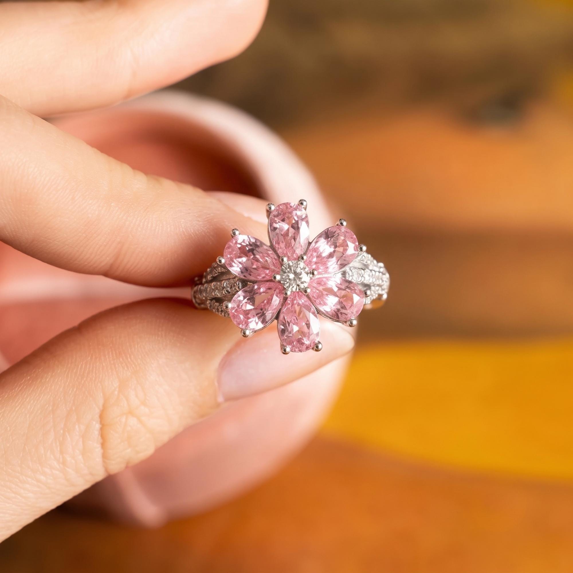925 Sterling Silver Floral Pink Quartz Ring: Handmade Floral Ring
