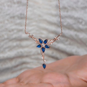 Genuine Sapphire Flower Necklace, Rose Gold Floral Necklace, Birthstone Flower Pendants, Dainty Cottagecore Necklace, Gifts for Her