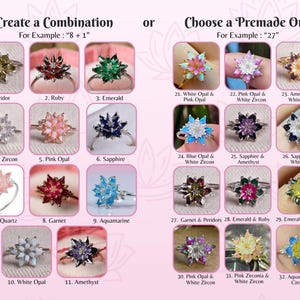 May include: An image showcasing various gemstone rings with floral designs. The rings are arranged in a grid, with options to create custom combinations or choose premade designs. The text on the image reads "Create a Combination" and "Choose a Premade One."