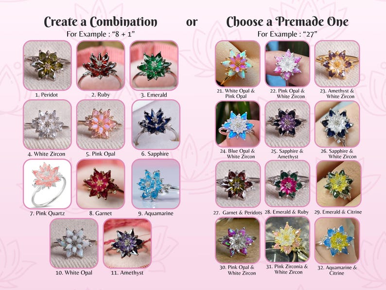 May include: An image showcasing various gemstone rings with floral designs. The rings are arranged in a grid, with options to create custom combinations or choose premade designs. The text on the image reads "Create a Combination" and "Choose a Premade One."