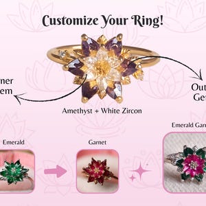 May include: A gold ring with a floral design, featuring amethyst and white zircon stones. The image includes the text "Customize Your Ring!" and examples of rings with emerald and garnet gemstones.