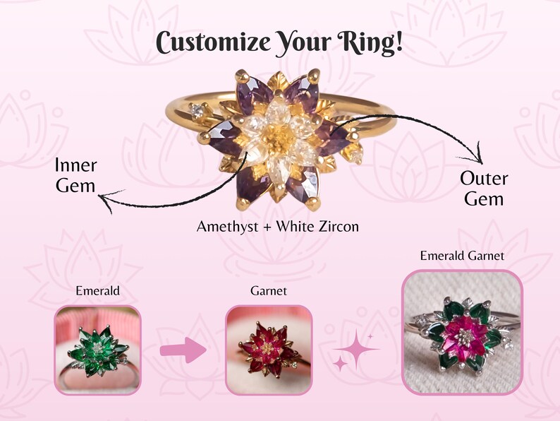 May include: A gold ring with a floral design, featuring amethyst and white zircon stones. The image includes the text "Customize Your Ring!" and examples of rings with emerald and garnet gemstones.