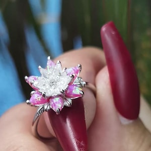 Boho Australian Pink Opal Lotus Flower Ring, Dainty Floral Statement Ring in Silver or Solid Gold Options
