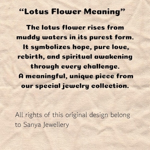 May include: Text on a beige background reads "Lotus Flower Meaning." The text describes the lotus flower's symbolism of hope, love, rebirth, and spiritual awakening. It is from a jewelry collection.