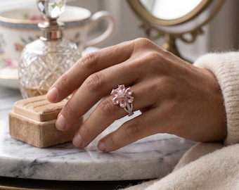 925 Sterling Silver Floral Pink Quartz Ring: Handmade Floral Ring