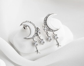Moon and Star Dangling Earrings - Star Dangle Earrings with Lunar Surface Vibes - Elegant Earrings for Everyday Dangle Zircon Stone Earrings
