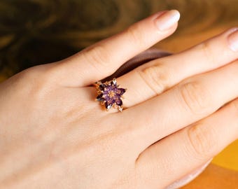 Amethyst Lotus Ring, February Birthstone Ring, Purple Gemstone Flower Ring, Spiritual Promise Ring, Dainty Amethyst Jewelry