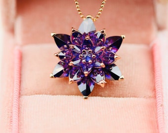 Amethyst Lotus Flower Necklace, Purple Gemstone Lotus Necklaces, Amethyst Jewelry, February Birthstone Pendants, Jewelry Gift for Her