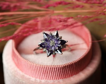 Lotusring, einzigartiger Verlobungsblumenring, Geschenk für Frau Weihnachten, Edelstein Amethyst Vintage Ring, 14 Karat Gold Lotusring