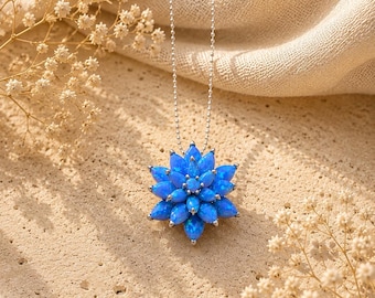 Opal Lotus Halsband i massivt guld: Handgjorda naturinspirerade smycken, Silver Lotusblommahänge Present till henne, Blå Lotusblommahänge