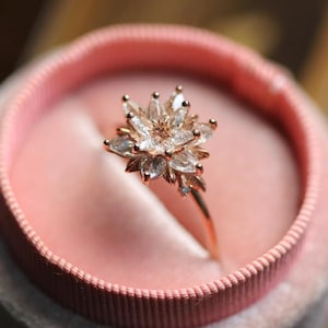 White Zircon Lotus Flower Ring for Women, Symbolic Engagement or Promise Ring, 925 Sterling Silver or Solid Gold Birthstone Gift for Her