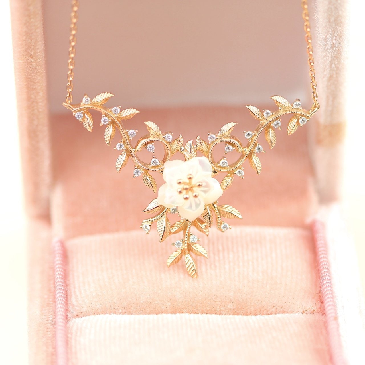 Gold Sakura Flower Pearl Necklace, Elegant Floral Jewelry