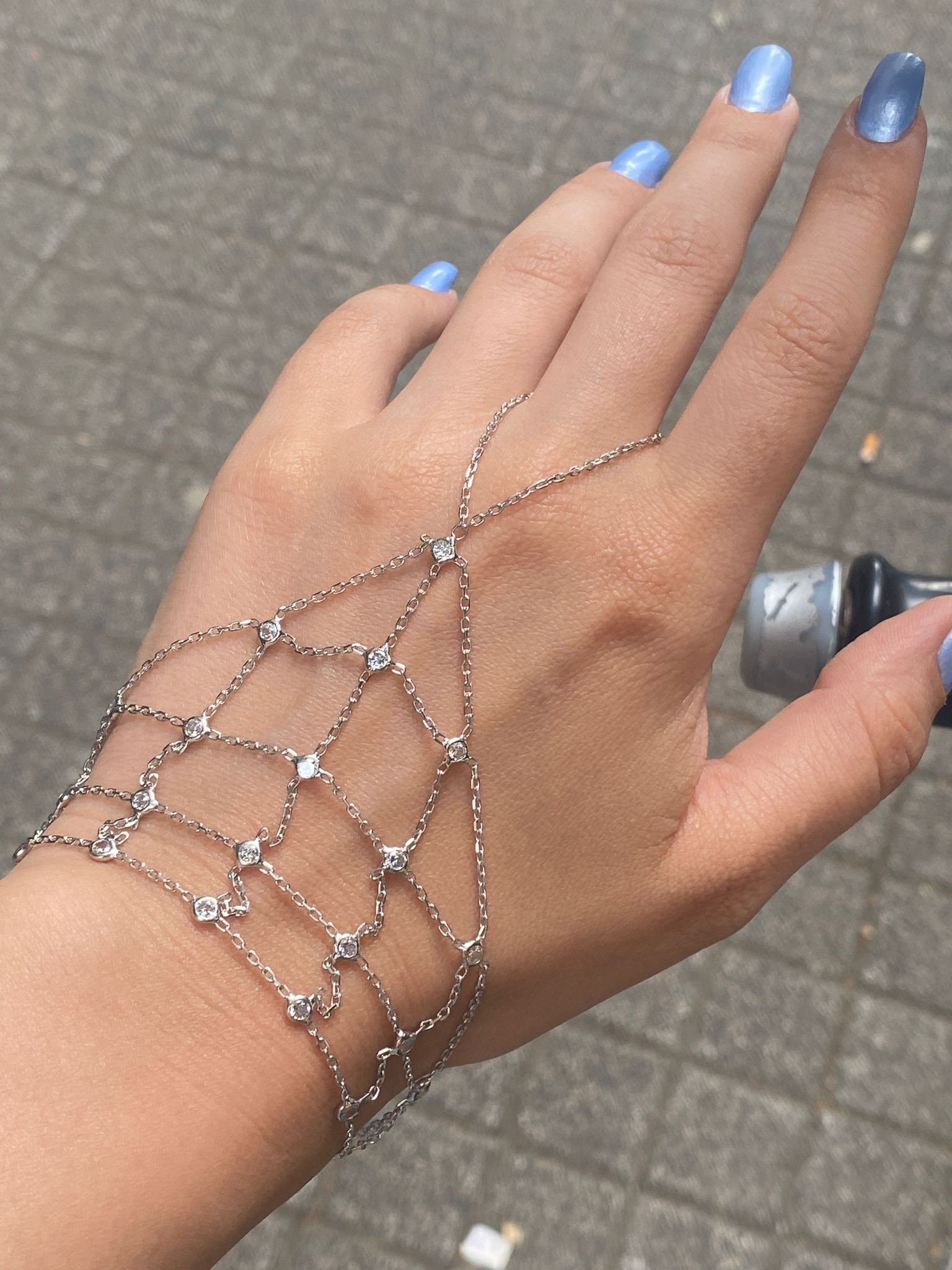 Zircon Spider Web Hand Chain Bracelet, Statement Slave