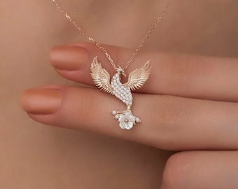 925 Silver Phoenix and Sakura Necklace, Rebirth Bird Necklace, Elegant Mythical Jewelry, Bird of  Fire Necklace, Luxury Gift for Her