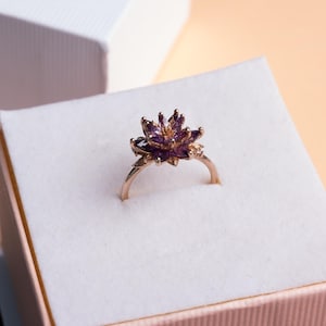 Purple Amethyst Birthstone Lotus Flower Ring: 925K Sterling Silver or Solid Gold Lotus Ring