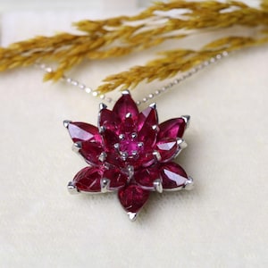 Solid Gold Ruby Lotus Necklace, Elegant Lotus Charm Pendant, Red Gemstone Necklace, July Birthstone Jewelry, Dainty Ruby Pendant for Her