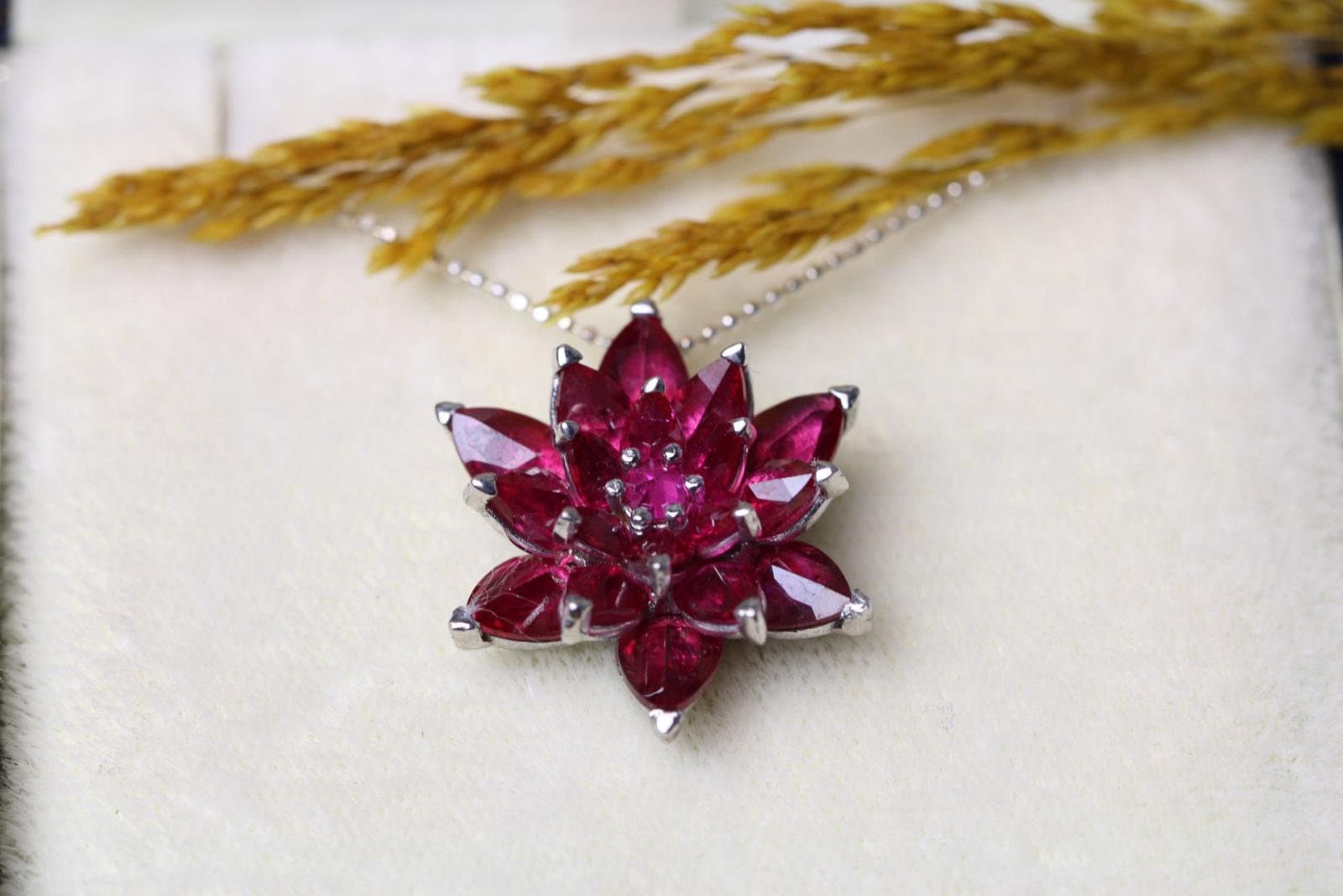 Solid Gold Ruby Lotus Necklace, Elegant Lotus Charm Pendant, Red Gemstone Necklace, July Birthstone Jewelry, Dainty Ruby Pendant for Her