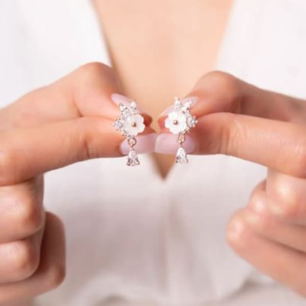 Sakura Flower Dangle Earrings, Cherry Blossom Earrings, Rose Gold Earrings, Japanese Kawaii Earrings 14K Rose Gold Fidget Eearring - Gifts
