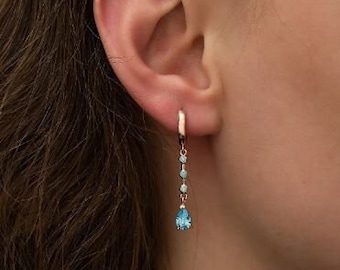 Aquamarine Dangle Drop stone Cut Earrings, Daily Aquamarine Combine Earrings For Women, Everrday Birthstone Earrings Aqumarine, Gift For Mom