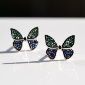 Sterling Silver 925 Pair of Green And Blue CZ Set Butterfly Stud Earrings - Piercing Earrings, Animal Jewellery, Spring Summer Accessories