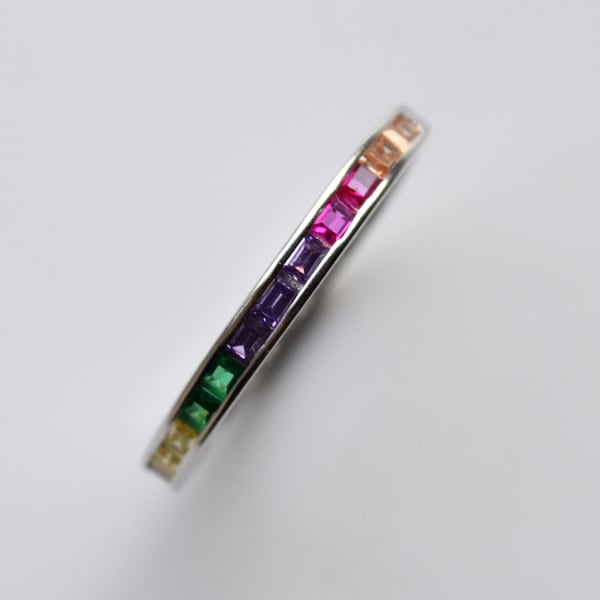 Sterling Silver 925 Multi-Coloured Rainbow CZ Channel Set Ring Size L, N, P Not Adjustable