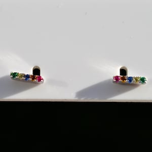 Sterling Silver Rainbow CZ Mini Bar Stud Earrings – Geometric Jewelry