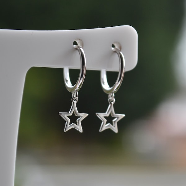Sterling Silber 925 Paar Huggies Außen 12 mm Innen 9 mm Offen Stern Tropfen Mini Hoop Minimalistische Ohrringe