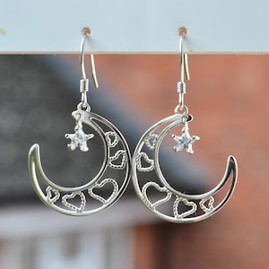 Sterling Silber 925 Paar große filigrane Herzen in Neumond mit CZ Stern Set Hakendraht Ohrringe, Silber oder Gelbgold plattiert