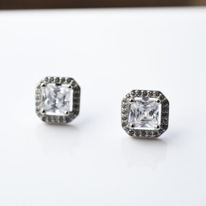 Sterling Silver 925 Pair of Halo Sparkling White CZ Oval or Square Diamante Stud Earrings