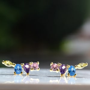 Sterling Silver 925 Pair of Earrings, Sparkling Multi Coloured Pink Purple Blue Green CZ Climber Studs - Silver or Yellow Gold Plated Silver