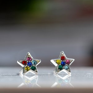 Sterling Silber 925 Paar Regenbogen Mehrfarbige CZ Set Stern Ohrstecker - Piercing Ohrringe, Geometrische Schmuck