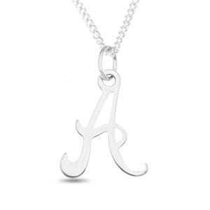 May include: A silver-colored pendant necklace featuring the letter "A" in a cursive font. The pendant hangs from a delicate chain. The necklace is displayed against a white background, highlighting the jewelry's design.