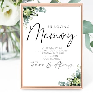 Signe de mariage À la mémoire d'un proche, carte de mariage d'un être cher disparu, impression de papeterie de mariage, carte commémorative, eucalyptus, floral, élégant