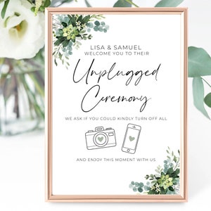 Personalised Unplugged Wedding Sign, Eucalyptus, Floral Wedding Stationery, No Phones Cameras Sign, Flowers Wedding, Greenery, Custom Sign