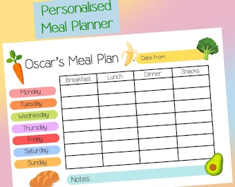 Personalised Child’s Weekly Meal Planner Poster, Chart, Plan Meals, Cute Rainbow Wall Poster, Organiser, Kid’s, Baby Planner