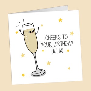 Champagne Proost Gepersonaliseerde verjaardagskaart, feest proseccoglas, schattig, verjaardagskaart voor haar, sterren, vieren, naam