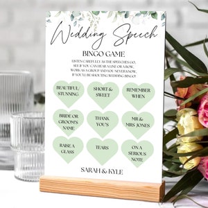 Speech Bingo Juego de consejos de mesa de boda, Rompehielos, Tarjeta de actividad de boda personalizada, Favores de invitados de boda, Eucalipto, Copias x 10