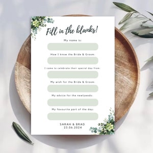 Compila gli spazi vuoti Gioco di consigli per la tavola di nozze, Biglietto di attività di matrimonio personalizzato, Bomboniere per gli invitati al matrimonio, Eucalipto, Copie x 10