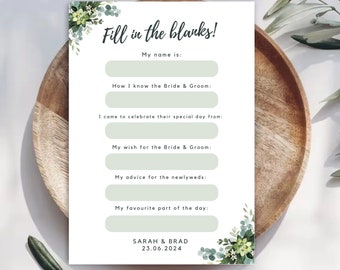 May include: A printable wedding guest book card with a green floral design. The card has a title that says "Fill in the blanks!" and includes prompts for guests to write their name, how they know the bride and groom, their well wishes, and advice for the newlyweds. The card also includes the names "SARAH & BRAD" and the date "23.06.2024".