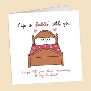 Tarjeta de lino para el 4.º aniversario de bodas, regalo para esposo y esposa, cuarto aniversario, cama, lino, tarjeta bonita