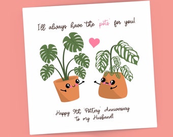 9th Ninth Wedding Pottery Plant pot Anniversary card, Husband, Wife Gift, Fourth Anniversary, Pot, Plant, Cute Card