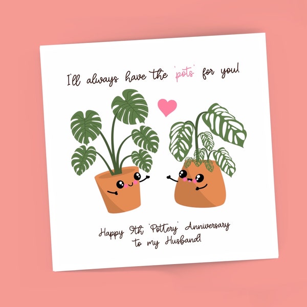 9th Ninth Wedding Pottery Plant pot Anniversary card, Husband, Wife Gift, Fourth Anniversary, Pot, Plant, Cute Card