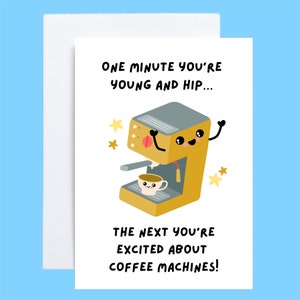Cartão de máquina de café animada, Cartão jovem e descolado, Cartão de aniversário engraçado e fofo, Cartão antigo