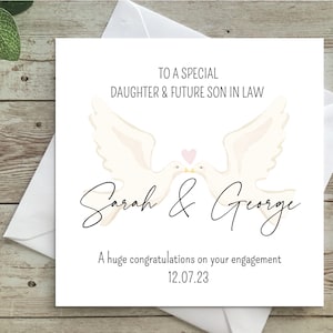Tarjeta de compromiso personalizada, Futuro yerno nuera, Felicitaciones, Boda, Palomas, Amor, Futuros padres, Comprometidos