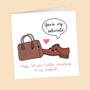 Carte d'anniversaire de mariage en cuir de troisième année, carte d'anniversaire pour femme ou mari, joli sac à main, carte de chaussures