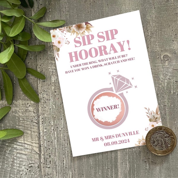Personalised Wedding Scratch Card, Win a Drink, Scratch prize, Wedding Floral Favour Cards, Sip Sip Horray, Wedding Stationery Favour