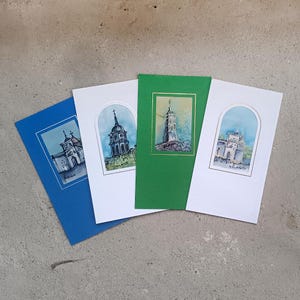 Jeu de cartes de voeux simbol lituaniennes, souvenirs de l'architecture de Vilnius, carte de peinture avec insert en soie, collection de cartes uniques, art textile pour cartes